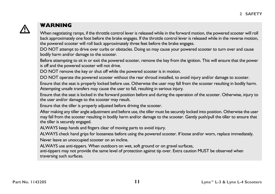 Warning, Never leave an unoccupied scooter on an incline | Invacare Lynx L-4 User Manual | Page 11 / 56