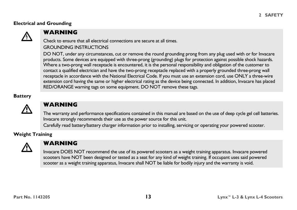 Electrical and grounding, Warning, Grounding instructions | Battery, Weight training | Invacare Lynx L-4 User Manual | Page 13 / 56