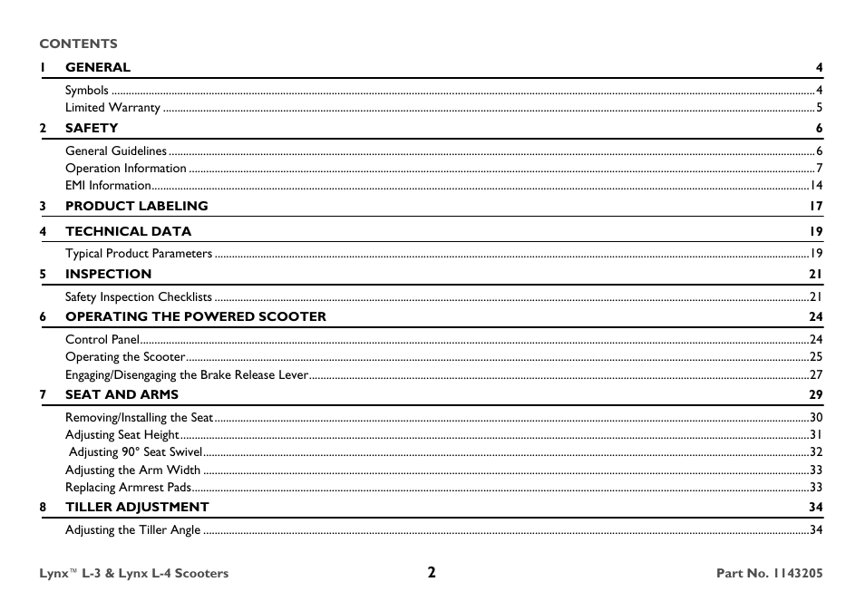 1 general 4, Symbols 4, Limited warranty 5 | 2 safety 6, General guidelines 6, Operation information 7, Emi information 14, 3 product labeling 17, 4 technical data 19, Typical product parameters 19 | Invacare Lynx L-4 User Manual | Page 2 / 56