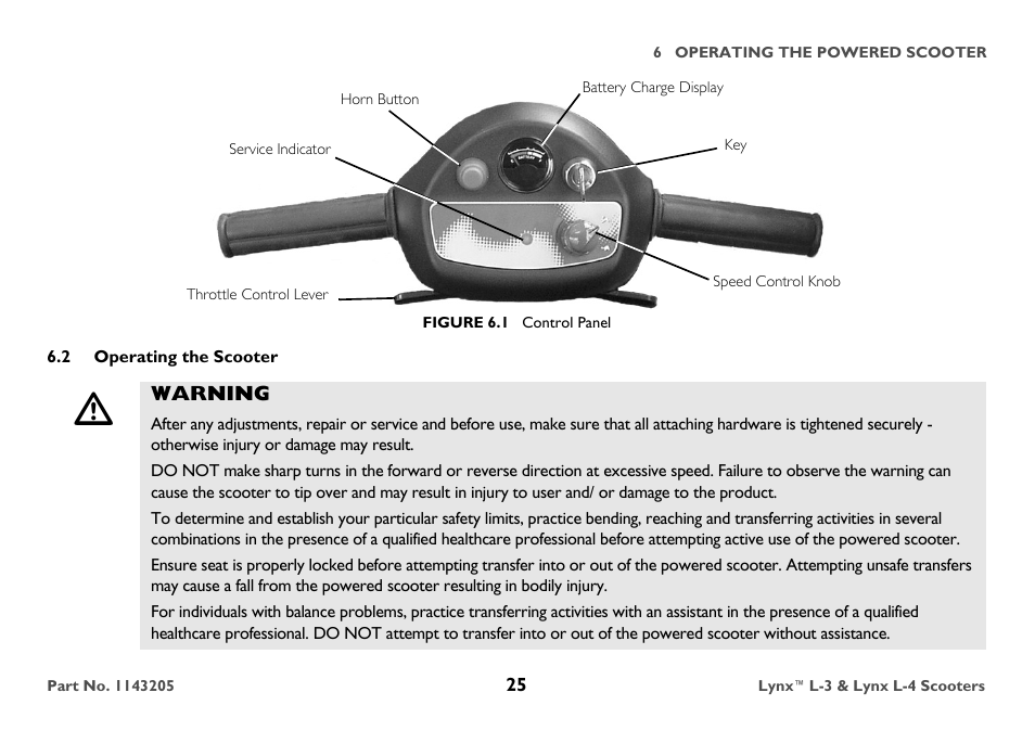 Battery charge display, Figure 6.1 control panel, 2 operating the scooter | Warning | Invacare Lynx L-4 User Manual | Page 25 / 56