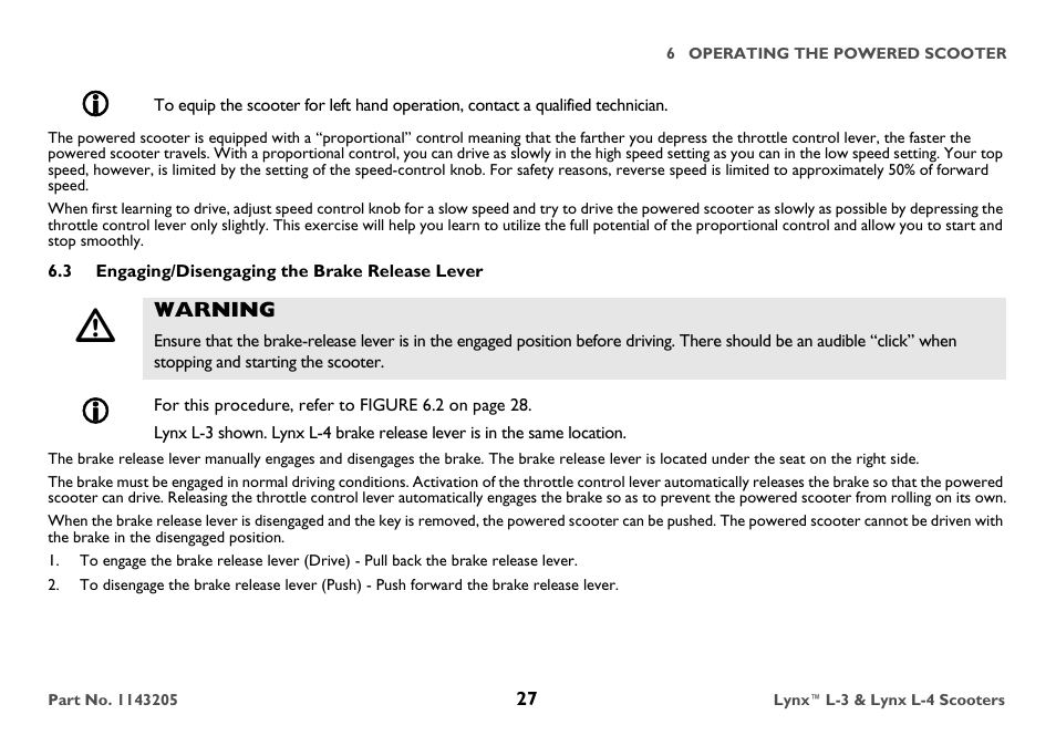 3 engaging/disengaging the brake release lever, Warning | Invacare Lynx L-4 User Manual | Page 27 / 56