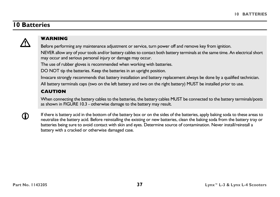 10 batteries, Warning, Caution | Invacare Lynx L-4 User Manual | Page 37 / 56