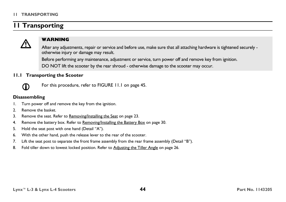 11 transporting, Warning, 1 transporting the scooter | Disassembling, Remove the basket, Hold the seat post with one hand (detail “a”) | Invacare Lynx L-4 User Manual | Page 44 / 56