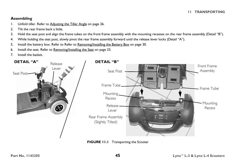 Assembling, Tilt the rear frame back a little, Install the basket | Frame tube, Figure 11.1 transporting the scooter | Invacare Lynx L-4 User Manual | Page 45 / 56