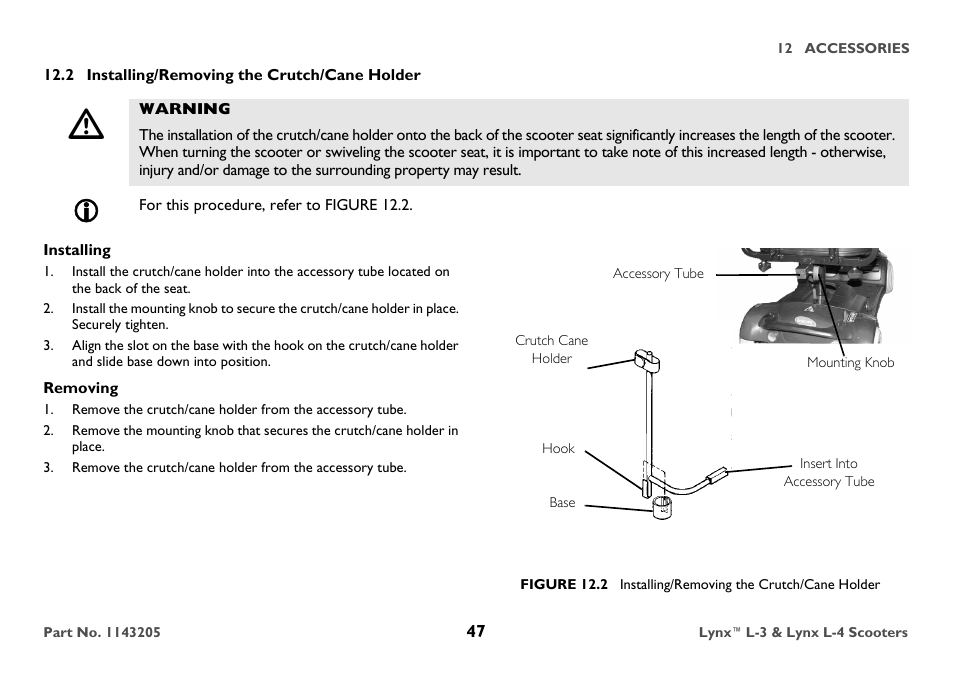 2 installing/removing the crutch/cane holder, Warning, For this procedure, refer to figure 12.2 | Installing, Removing, Accessory tube | Invacare Lynx L-4 User Manual | Page 47 / 56