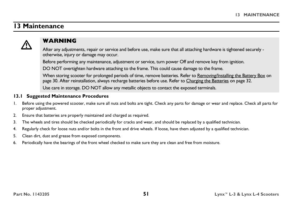 13 maintenance, Warning, 1 suggested maintenance procedures | Invacare Lynx L-4 User Manual | Page 51 / 56