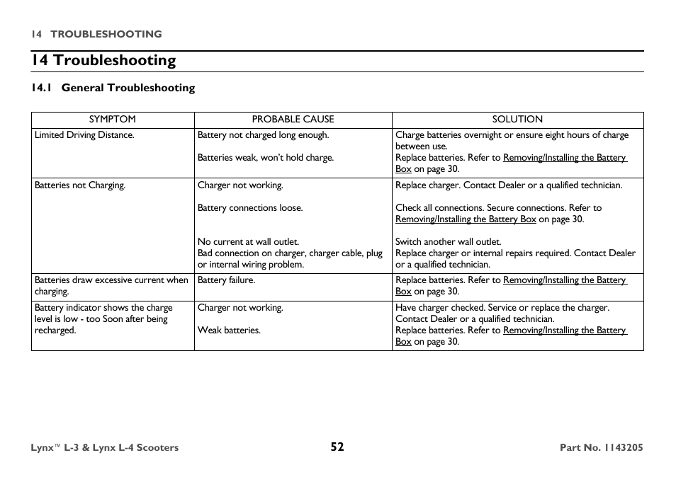 14 troubleshooting, 1 general troubleshooting, Symptom | Probable cause, Solution | Invacare Lynx L-4 User Manual | Page 52 / 56