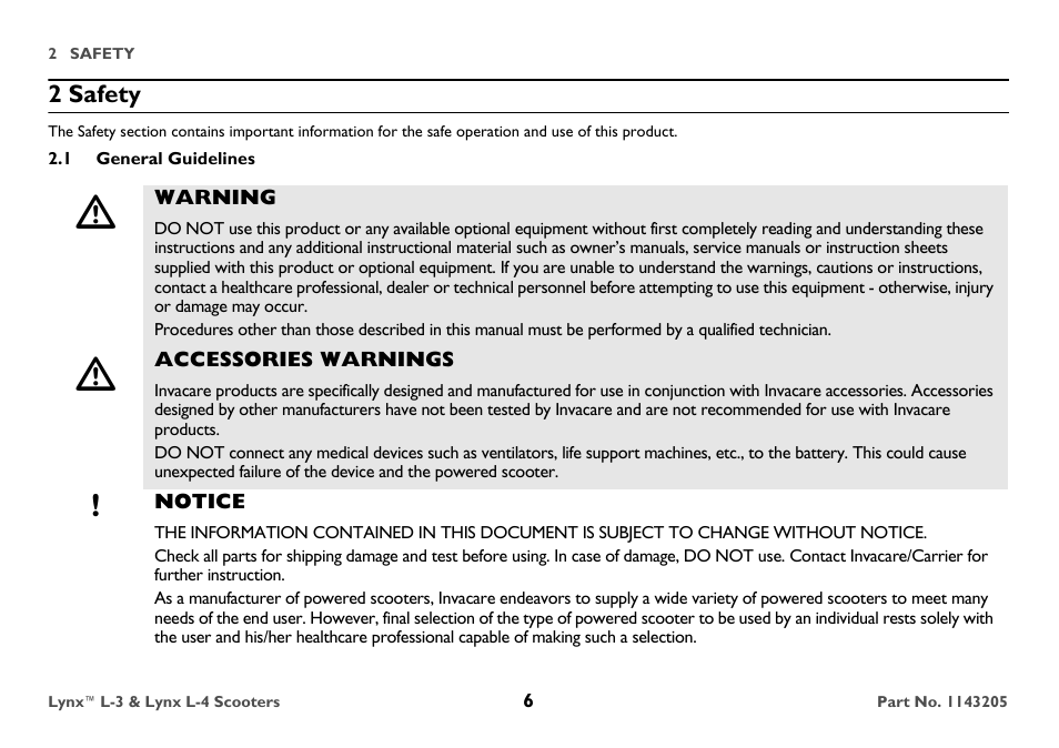 2 safety, 1 general guidelines, Warning | Accessories warnings, Notice | Invacare Lynx L-4 User Manual | Page 6 / 56