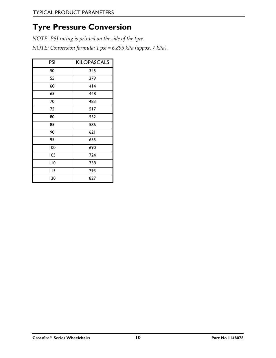 Tyre pressure conversion | Invacare CROSSFIRE T6 User Manual | Page 10 / 60