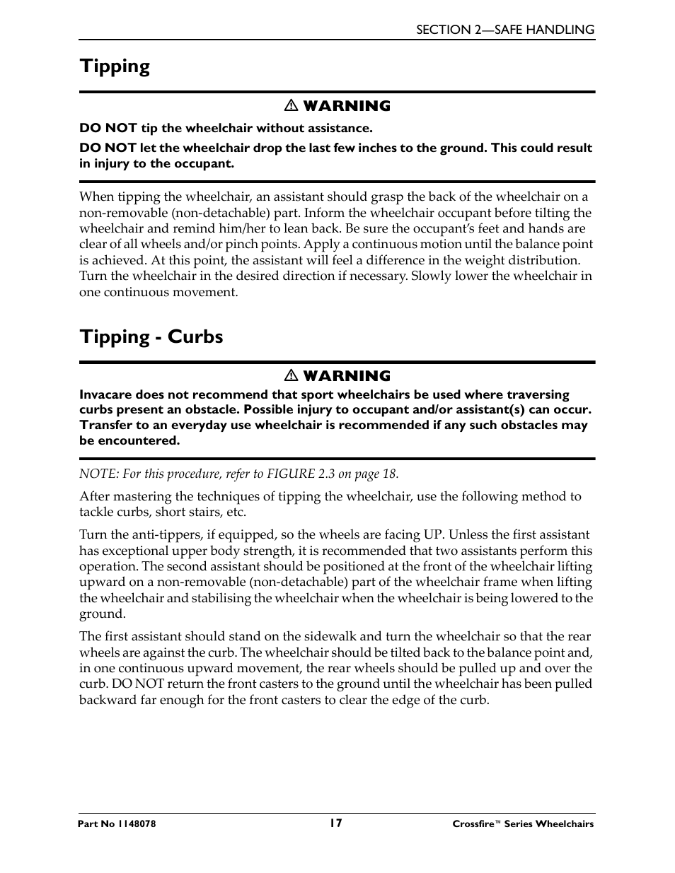 Tipping, Tipping - curbs | Invacare CROSSFIRE T6 User Manual | Page 17 / 60