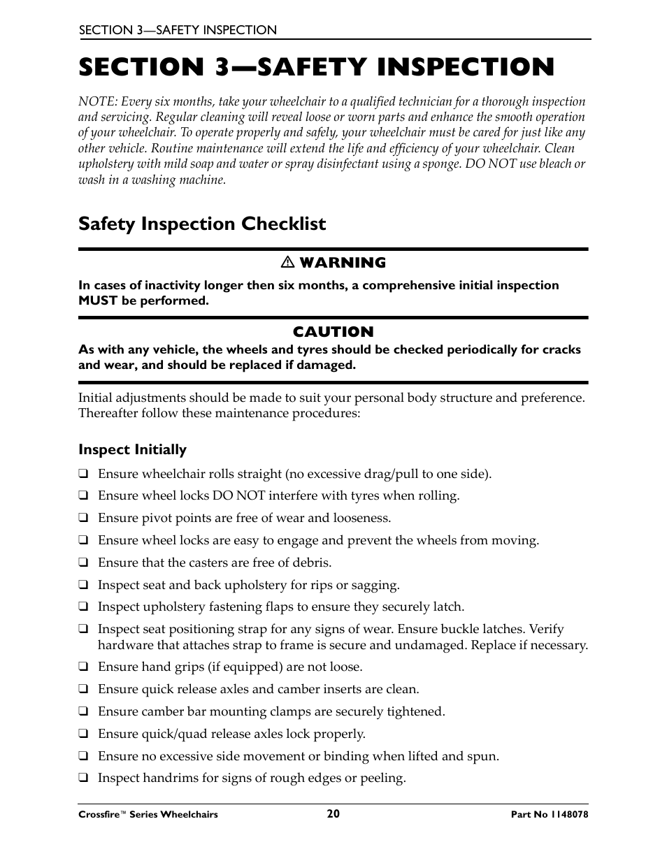 Safety inspection checklist | Invacare CROSSFIRE T6 User Manual | Page 20 / 60