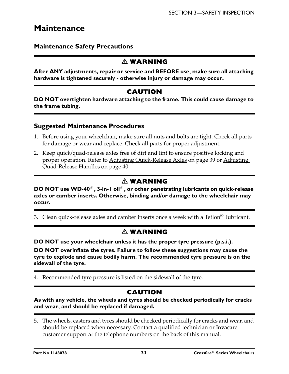 Maintenance | Invacare CROSSFIRE T6 User Manual | Page 23 / 60