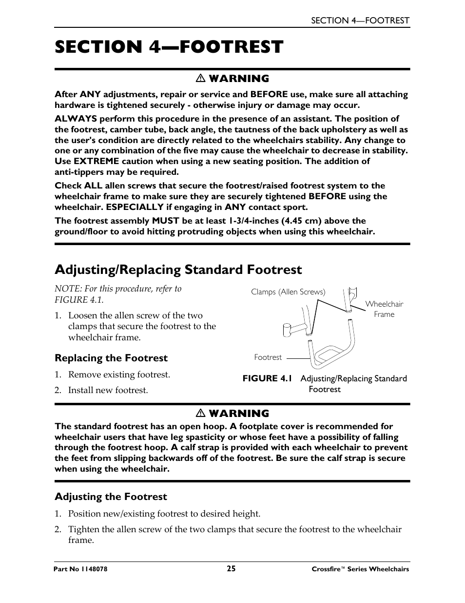 Adjusting/replacing standard footrest | Invacare CROSSFIRE T6 User Manual | Page 25 / 60
