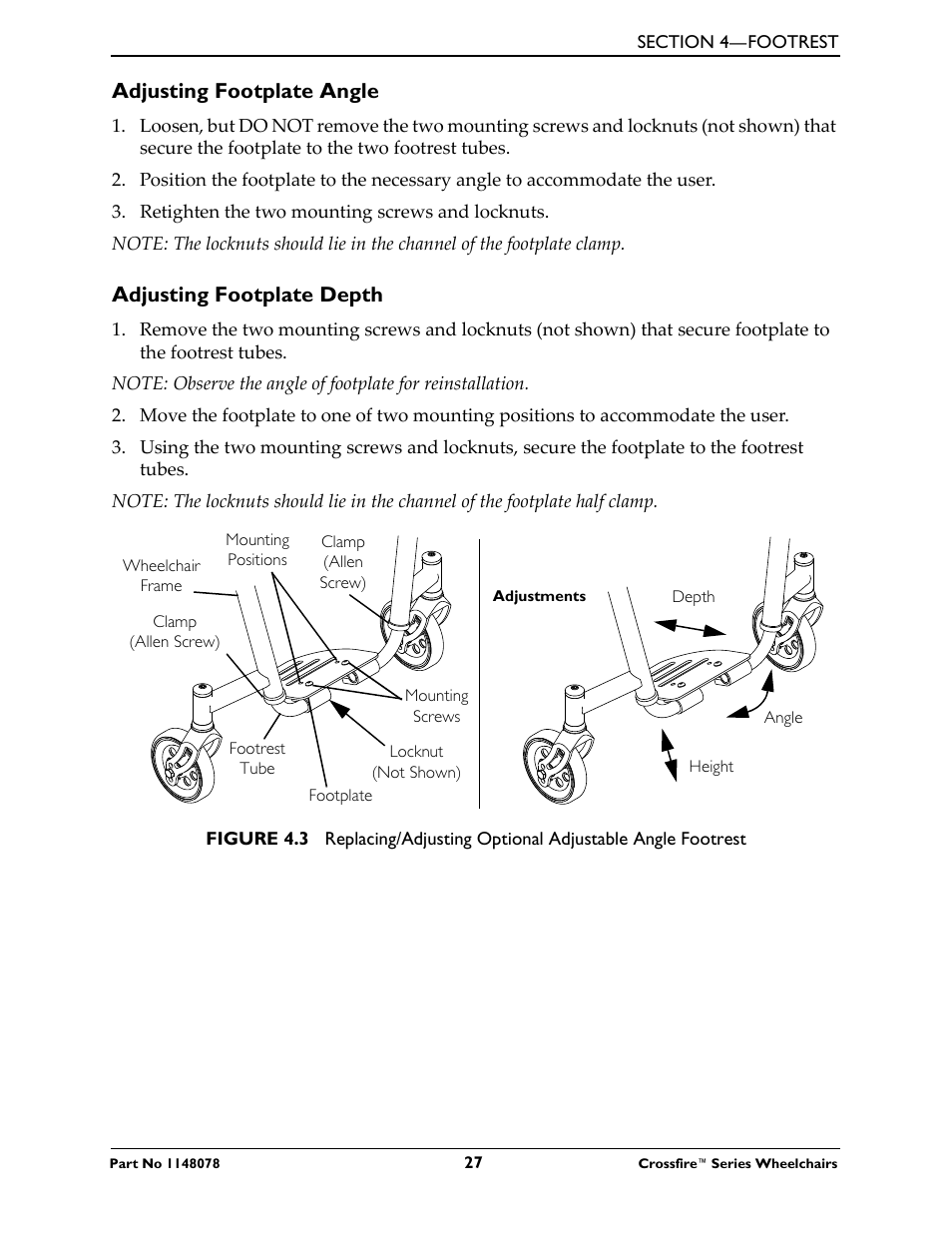 Adjusting footplate angle, Adjusting footplate depth | Invacare CROSSFIRE T6 User Manual | Page 27 / 60