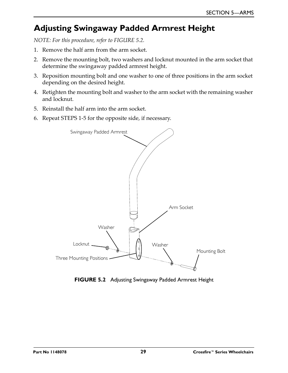 Adjusting swingaway padded armrest height | Invacare CROSSFIRE T6 User Manual | Page 29 / 60