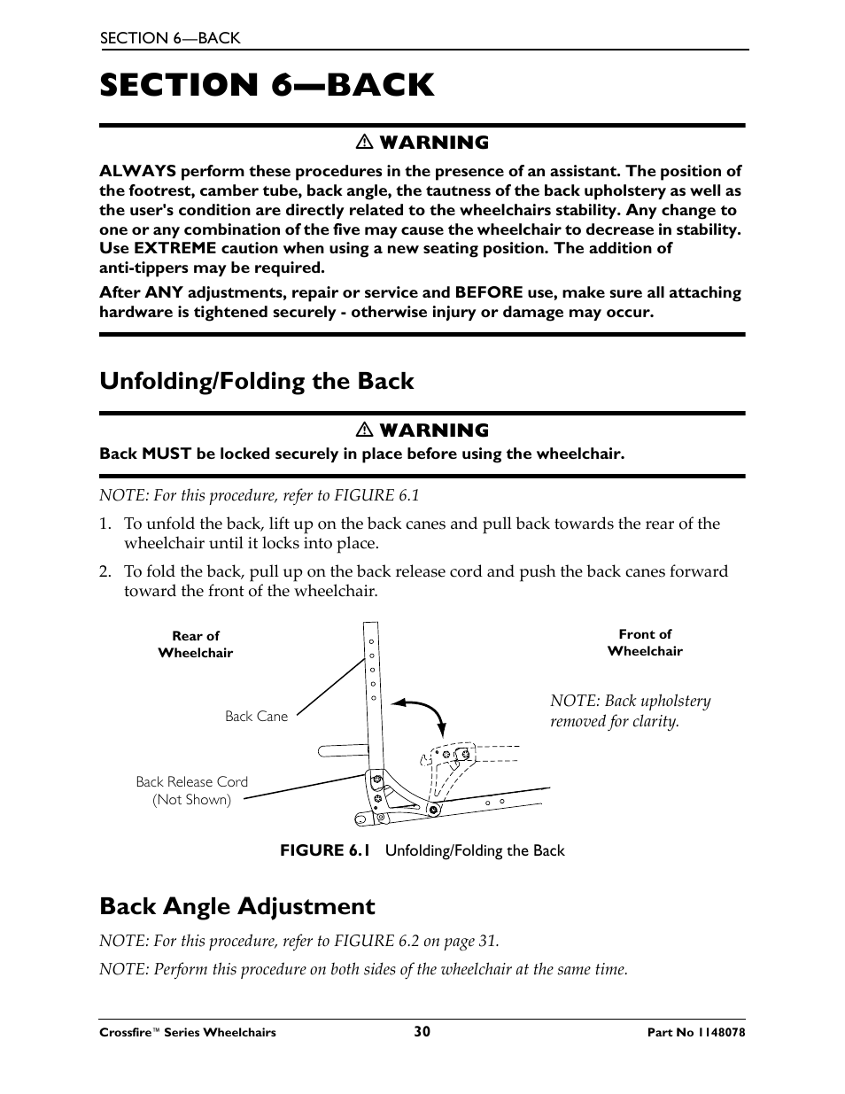 Unfolding/folding the back, Back angle adjustment | Invacare CROSSFIRE T6 User Manual | Page 30 / 60