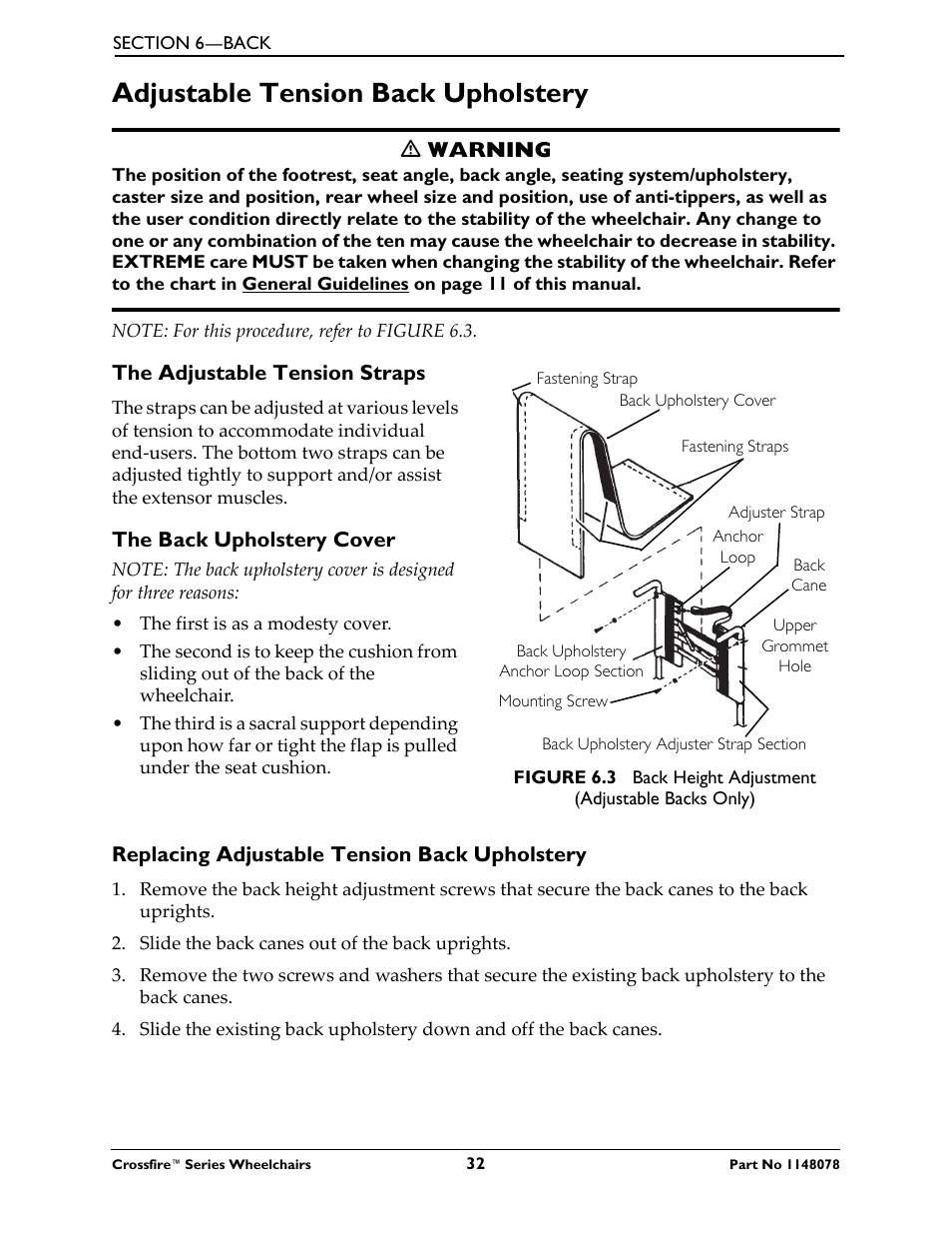 Adjustable tension back upholstery | Invacare CROSSFIRE T6 User Manual | Page 32 / 60
