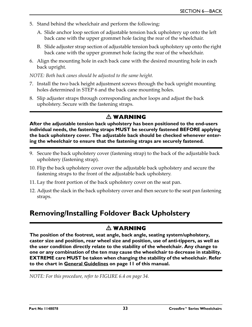 Removing/installing foldover back upholstery | Invacare CROSSFIRE T6 User Manual | Page 33 / 60