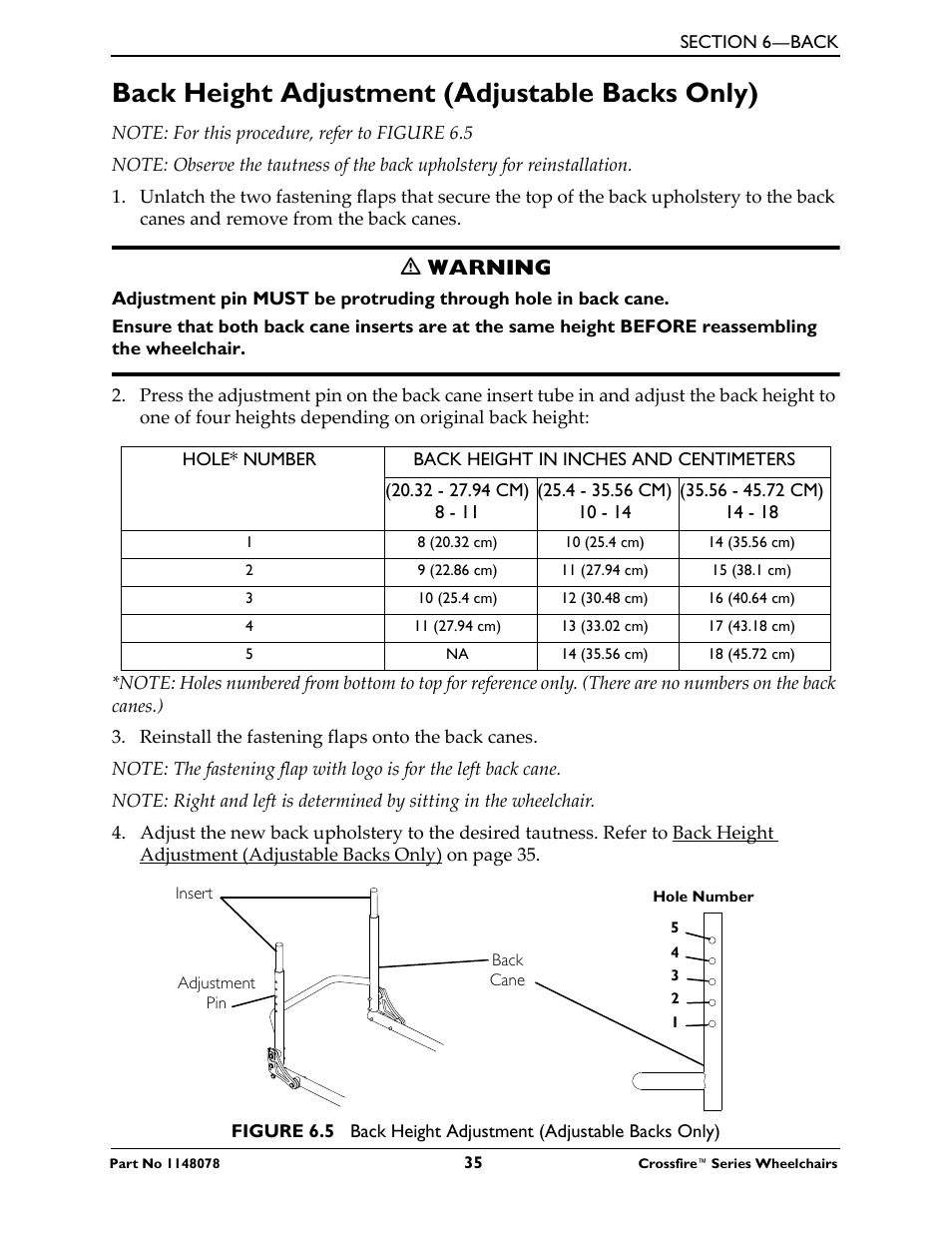 Back height adjustment (adjustable backs only), Ƽ warning | Invacare CROSSFIRE T6 User Manual | Page 35 / 60