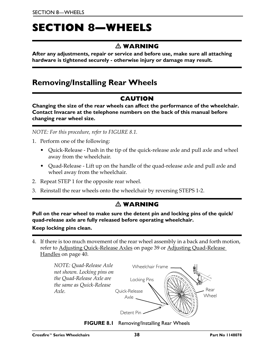 Removing/installing rear wheels | Invacare CROSSFIRE T6 User Manual | Page 38 / 60