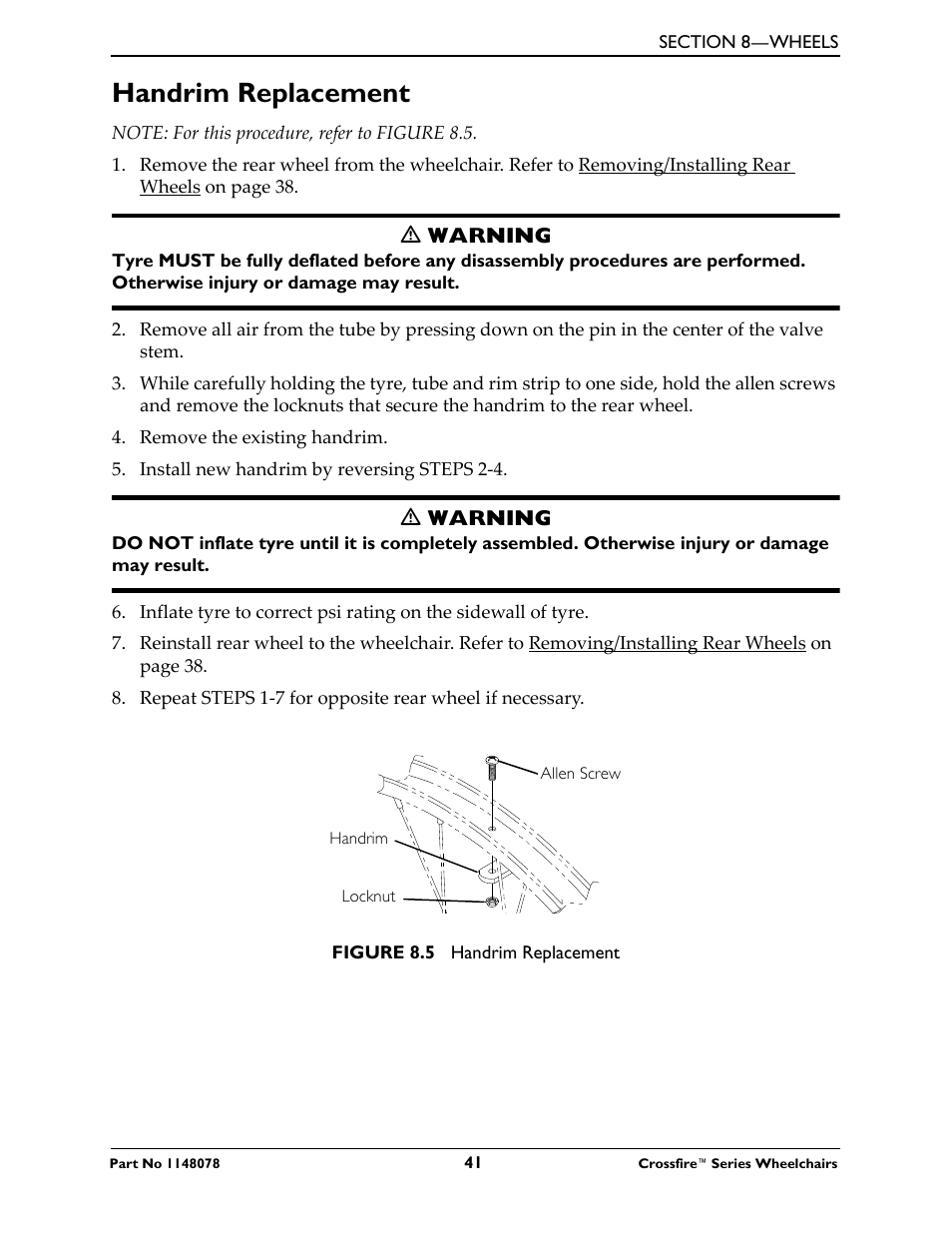 Handrim replacement | Invacare CROSSFIRE T6 User Manual | Page 41 / 60