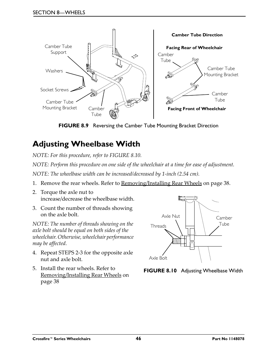 Adjusting wheelbase width | Invacare CROSSFIRE T6 User Manual | Page 46 / 60