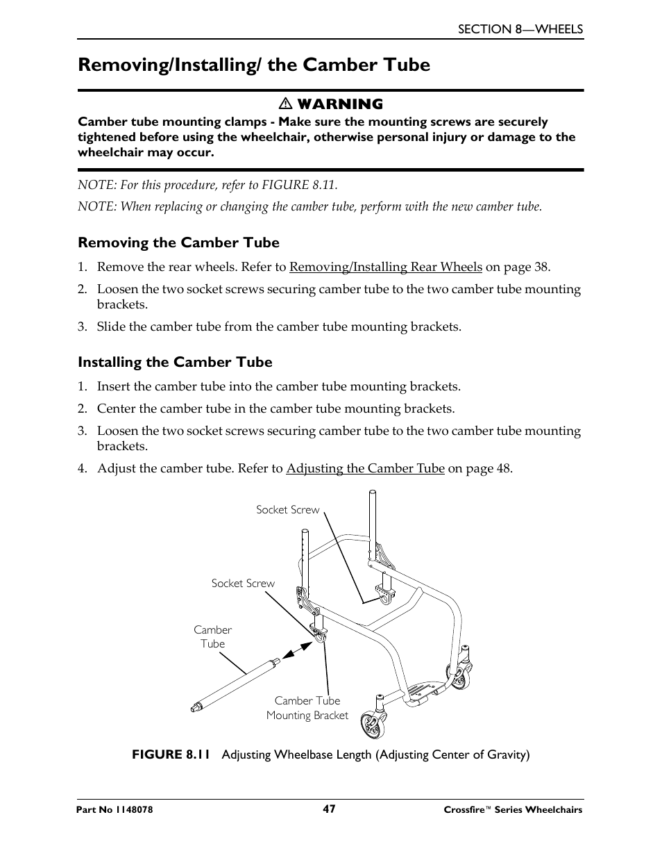 Removing/installing/ the camber tube | Invacare CROSSFIRE T6 User Manual | Page 47 / 60