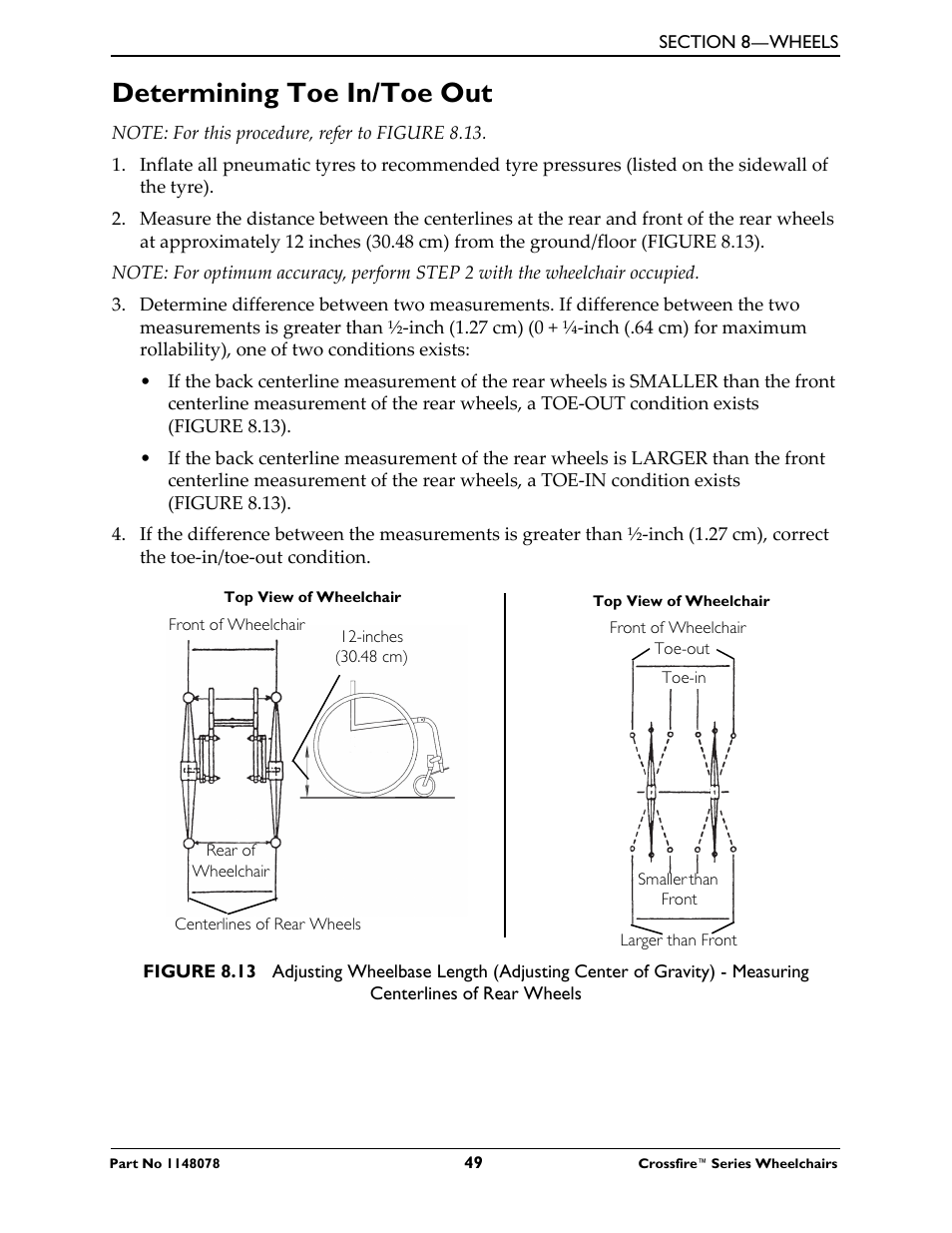 Determining toe in/toe out | Invacare CROSSFIRE T6 User Manual | Page 49 / 60