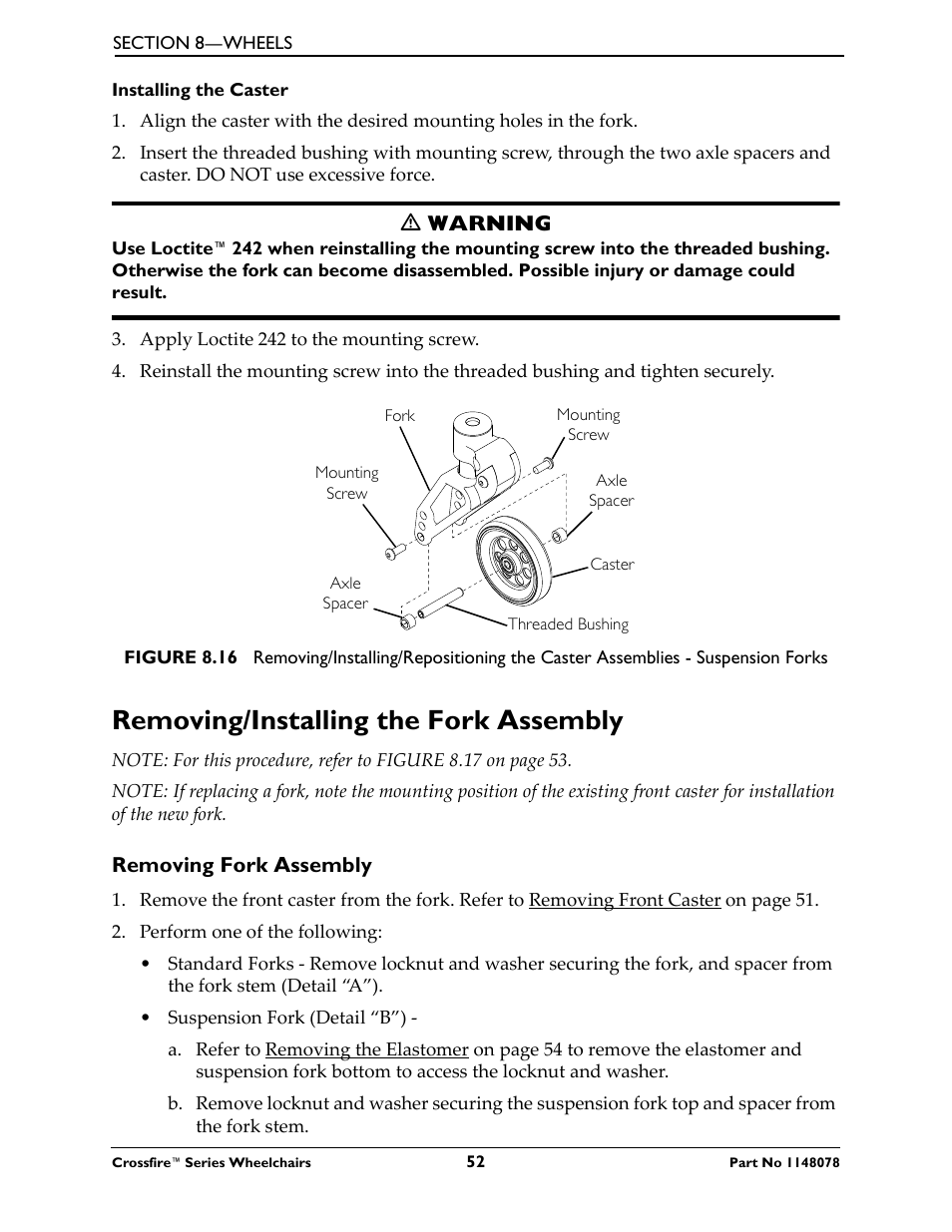 Removing/installing the fork assembly | Invacare CROSSFIRE T6 User Manual | Page 52 / 60