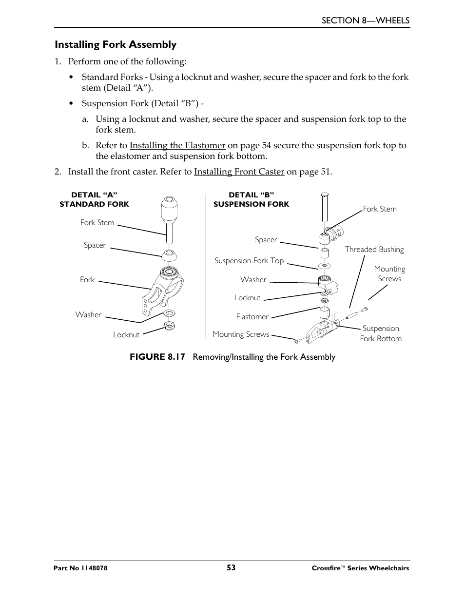 Installing fork assembly | Invacare CROSSFIRE T6 User Manual | Page 53 / 60