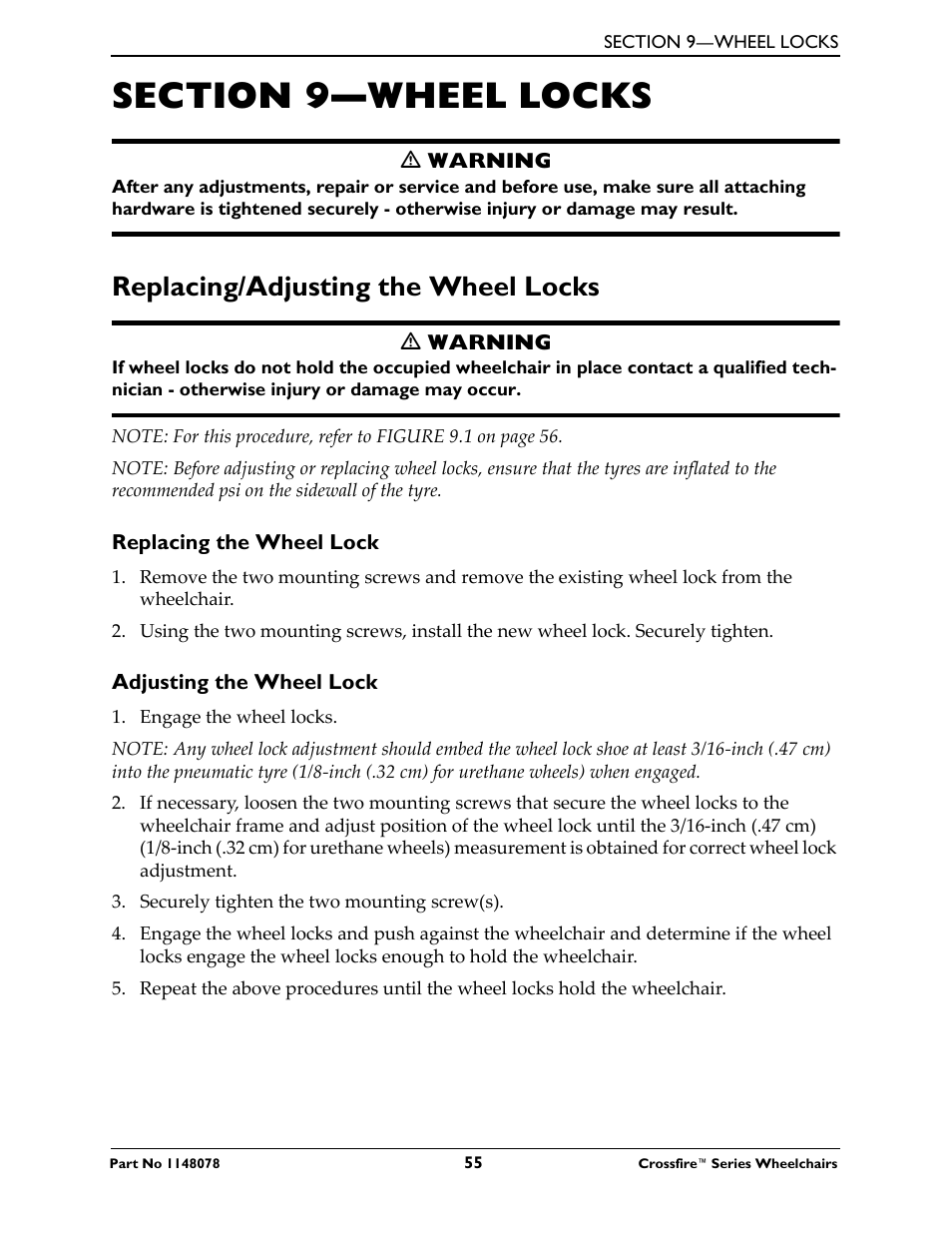 Replacing/adjusting the wheel locks | Invacare CROSSFIRE T6 User Manual | Page 55 / 60