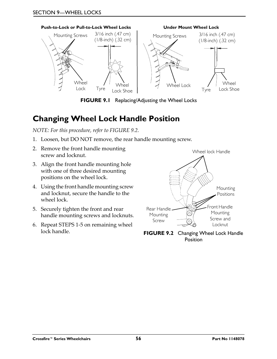 Changing wheel lock handle position | Invacare CROSSFIRE T6 User Manual | Page 56 / 60