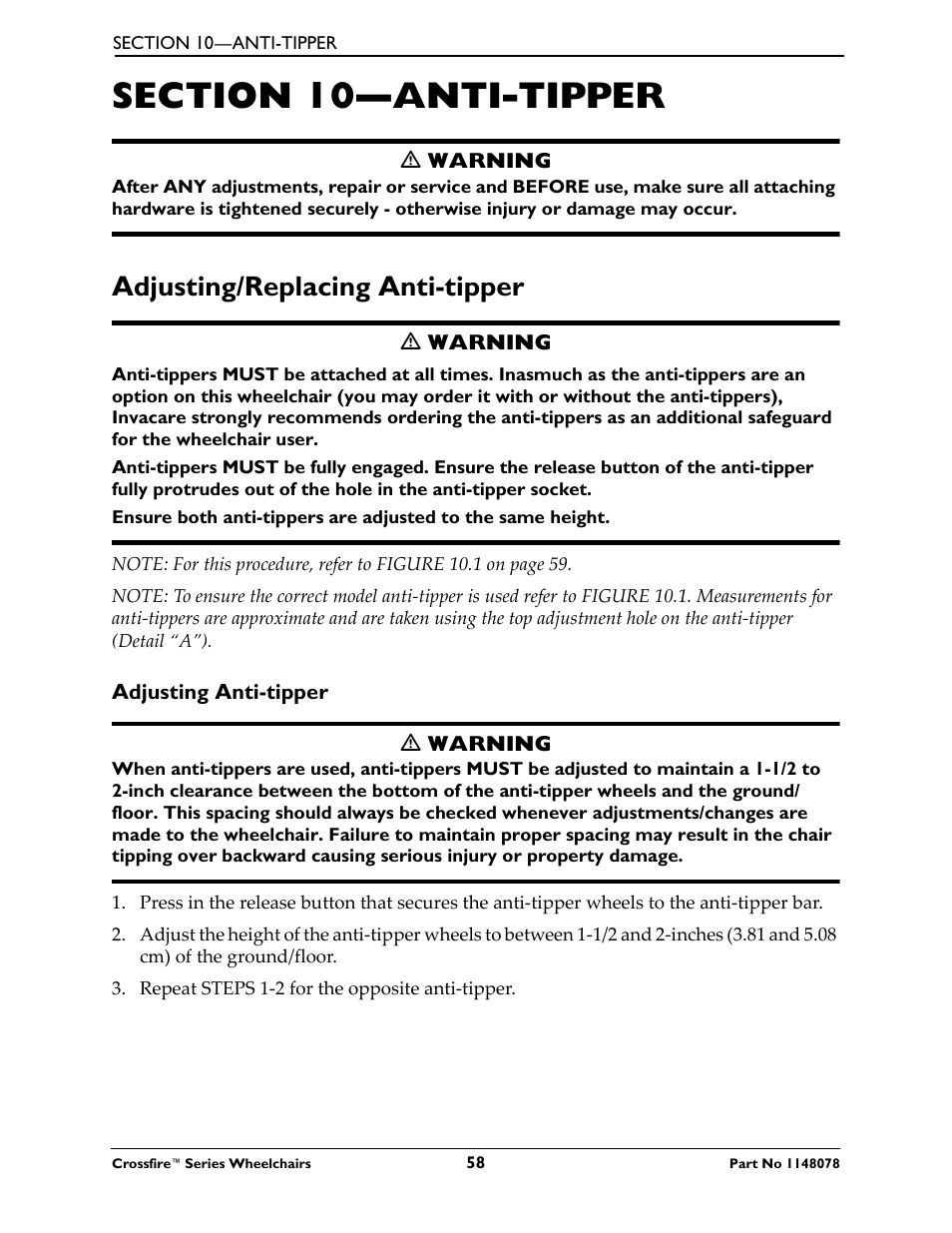 Adjusting/replacing anti-tipper | Invacare CROSSFIRE T6 User Manual | Page 58 / 60