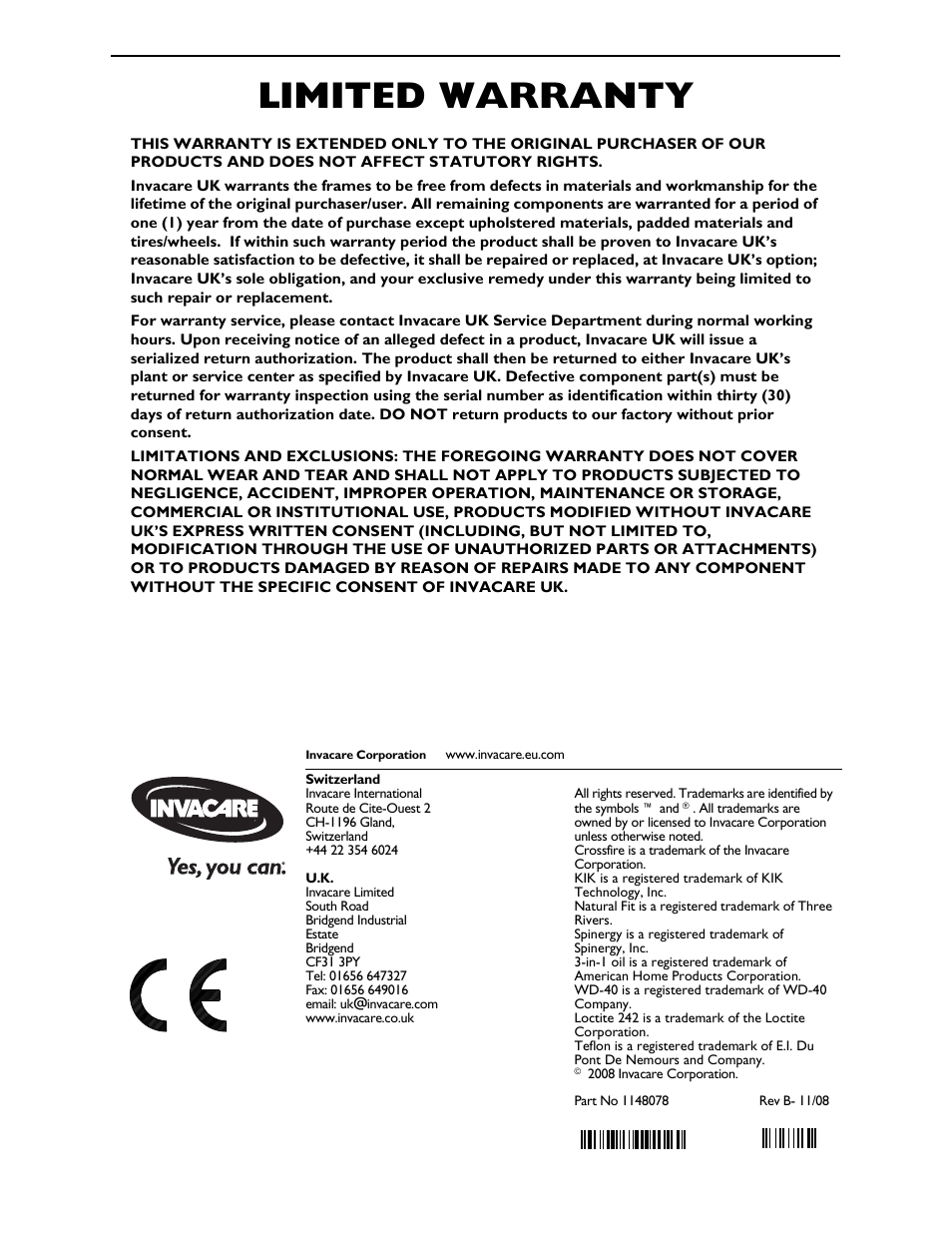 Limited warranty | Invacare CROSSFIRE T6 User Manual | Page 60 / 60