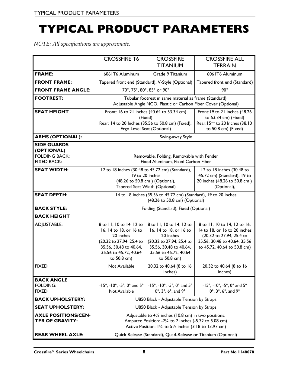 Typical product parameters | Invacare CROSSFIRE T6 User Manual | Page 8 / 60