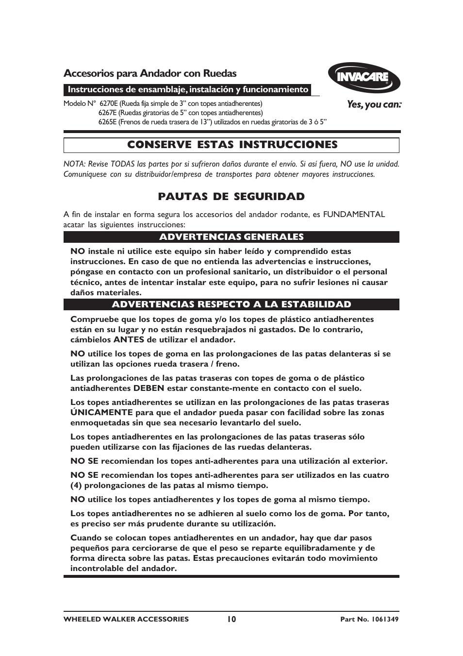 Accesorios para andador con ruedas, Conserve estas instrucciones, Pautas de seguridad | Invacare 6267E User Manual | Page 10 / 20