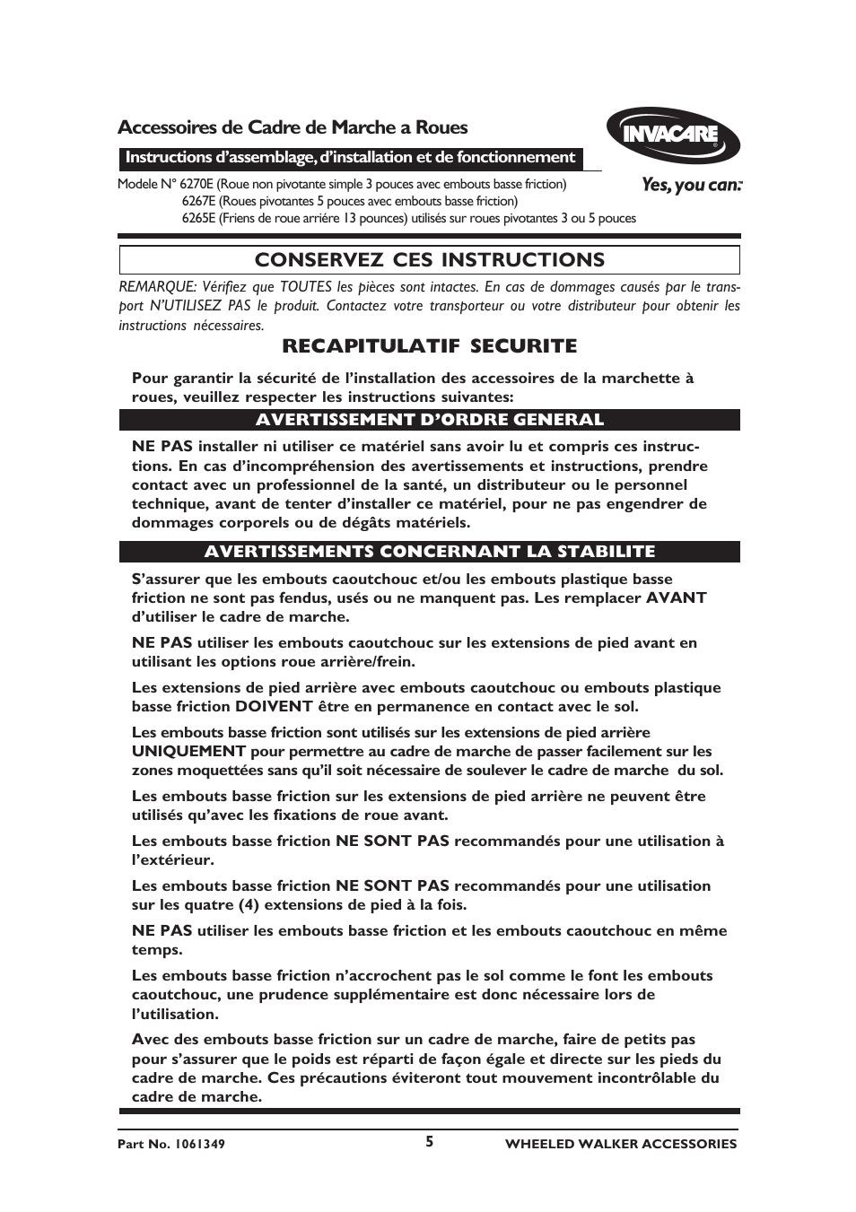 Accessoires de cadre de marche a roues, Conservez ces instructions, Recapitulatif securite | Invacare 6267E User Manual | Page 5 / 20