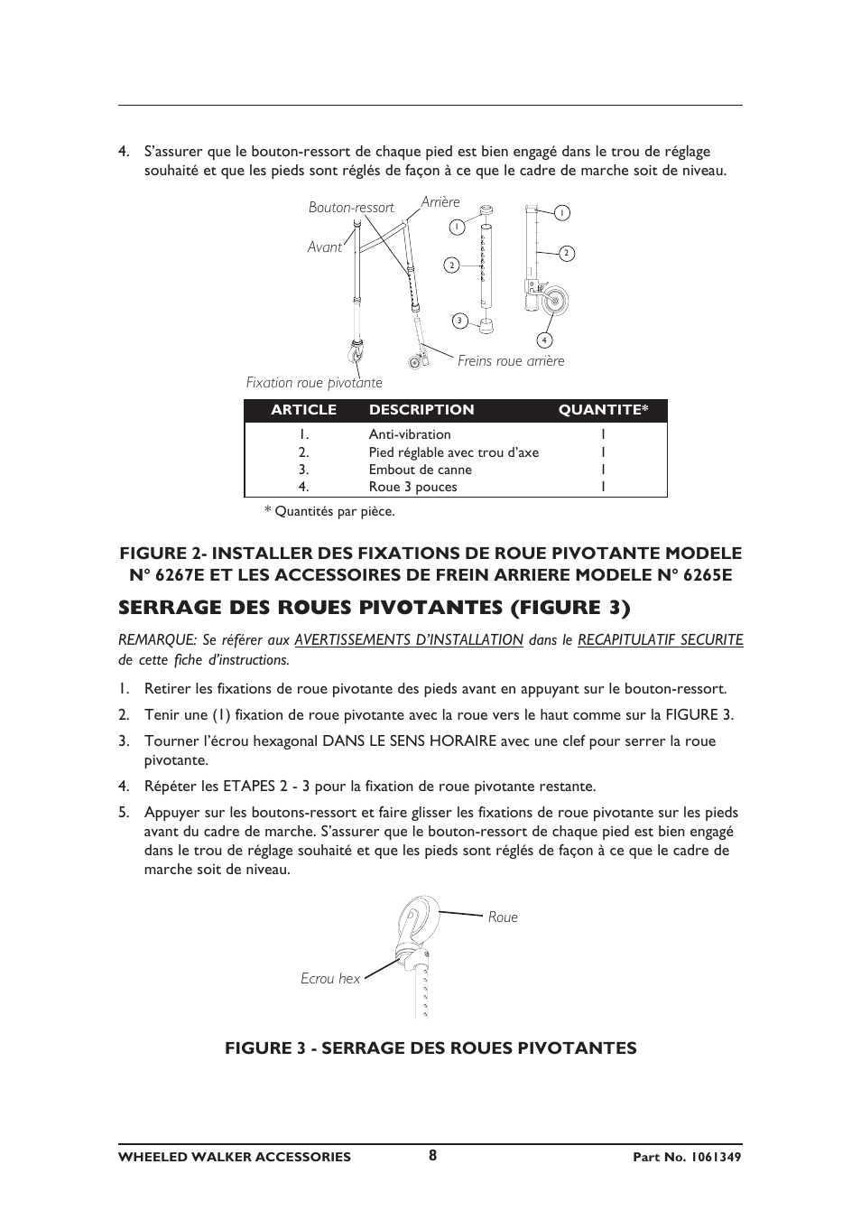 Serrage des roues pivotantes (figure 3) | Invacare 6267E User Manual | Page 8 / 20