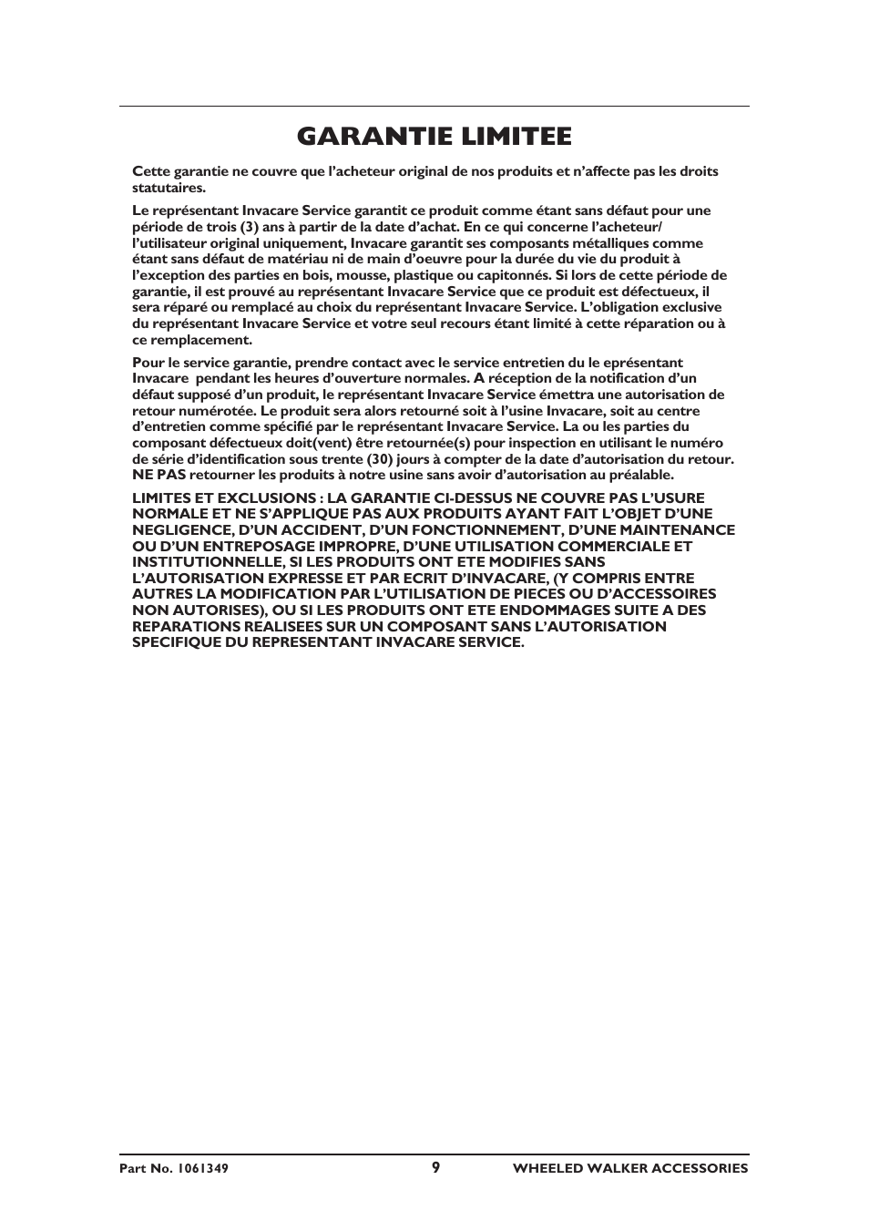 Garantie limitee | Invacare 6267E User Manual | Page 9 / 20