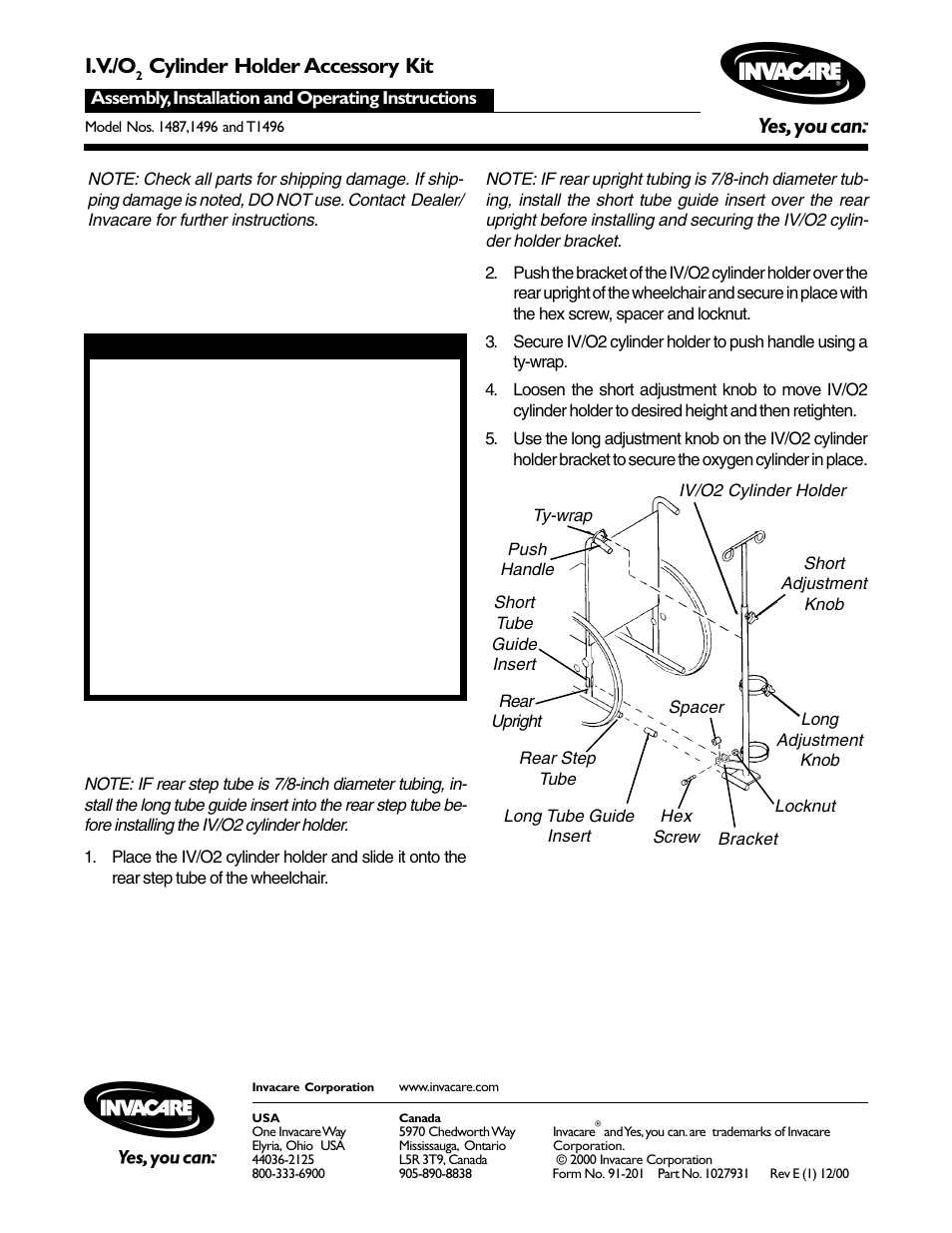 Invacare I.V./O2 1496 User Manual | 1 page