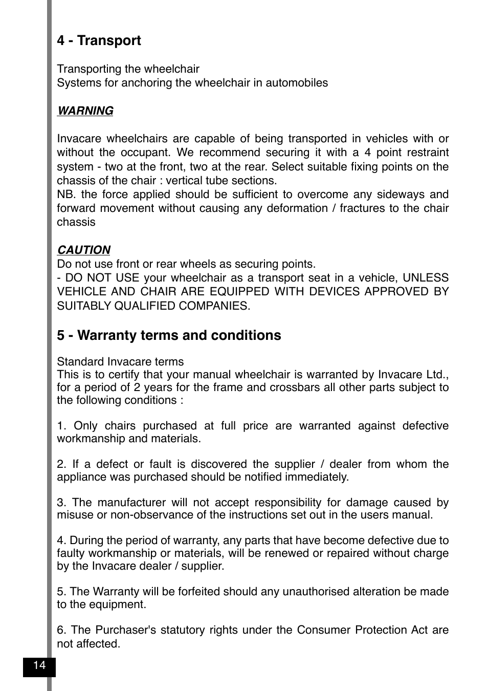 4 - transport, 5 - warranty terms and conditions | Invacare Variance Plus User Manual | Page 16 / 36