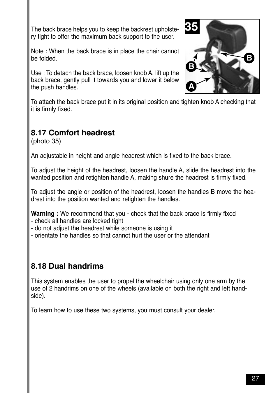 17 comfort headrest, 18 dual handrims | Invacare Variance Plus User Manual | Page 29 / 36