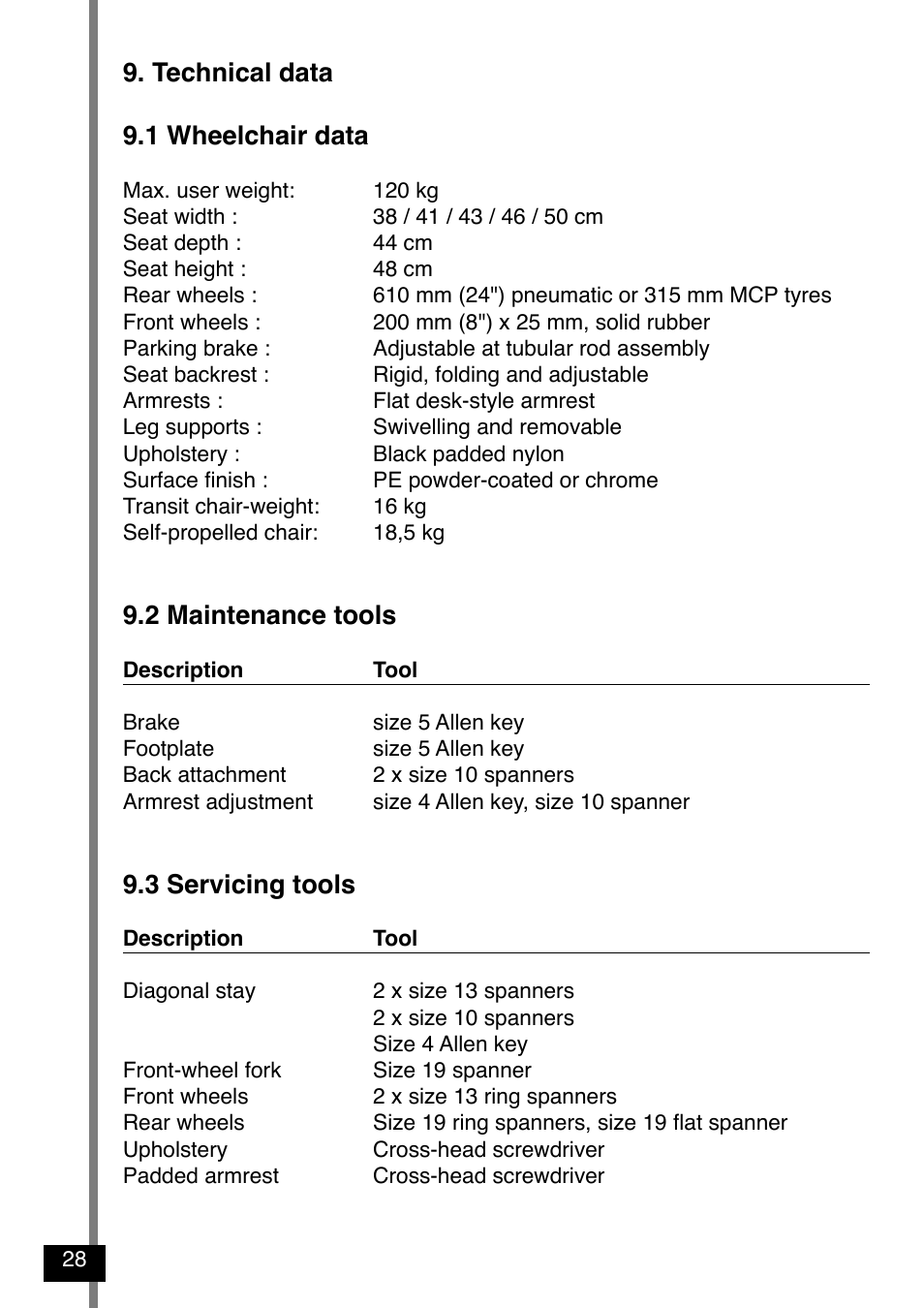 Technical data 9.1 wheelchair data, 2 maintenance tools, 3 servicing tools | Invacare Variance Plus User Manual | Page 30 / 36