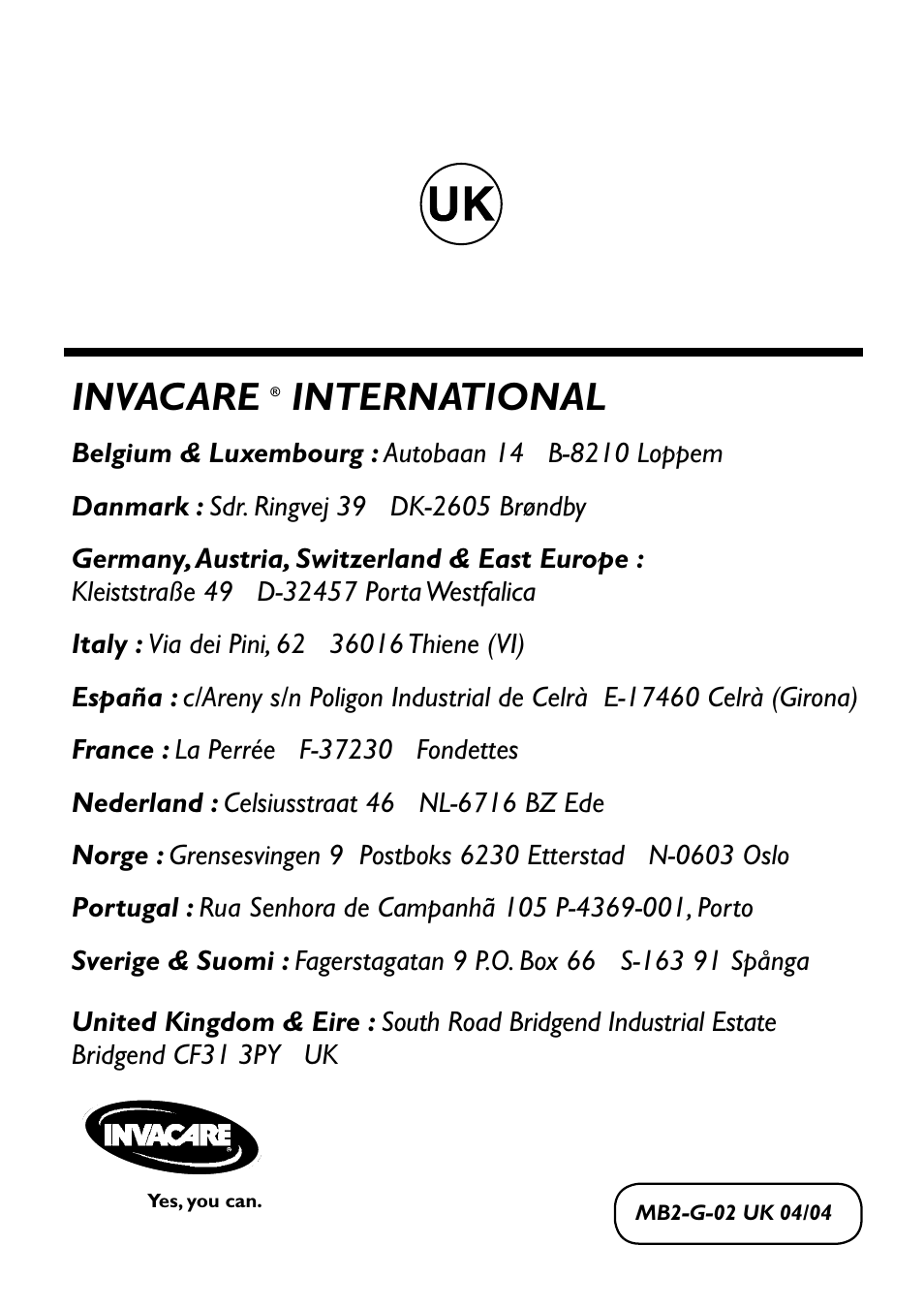 Invacare, International | Invacare Variance Plus User Manual | Page 36 / 36