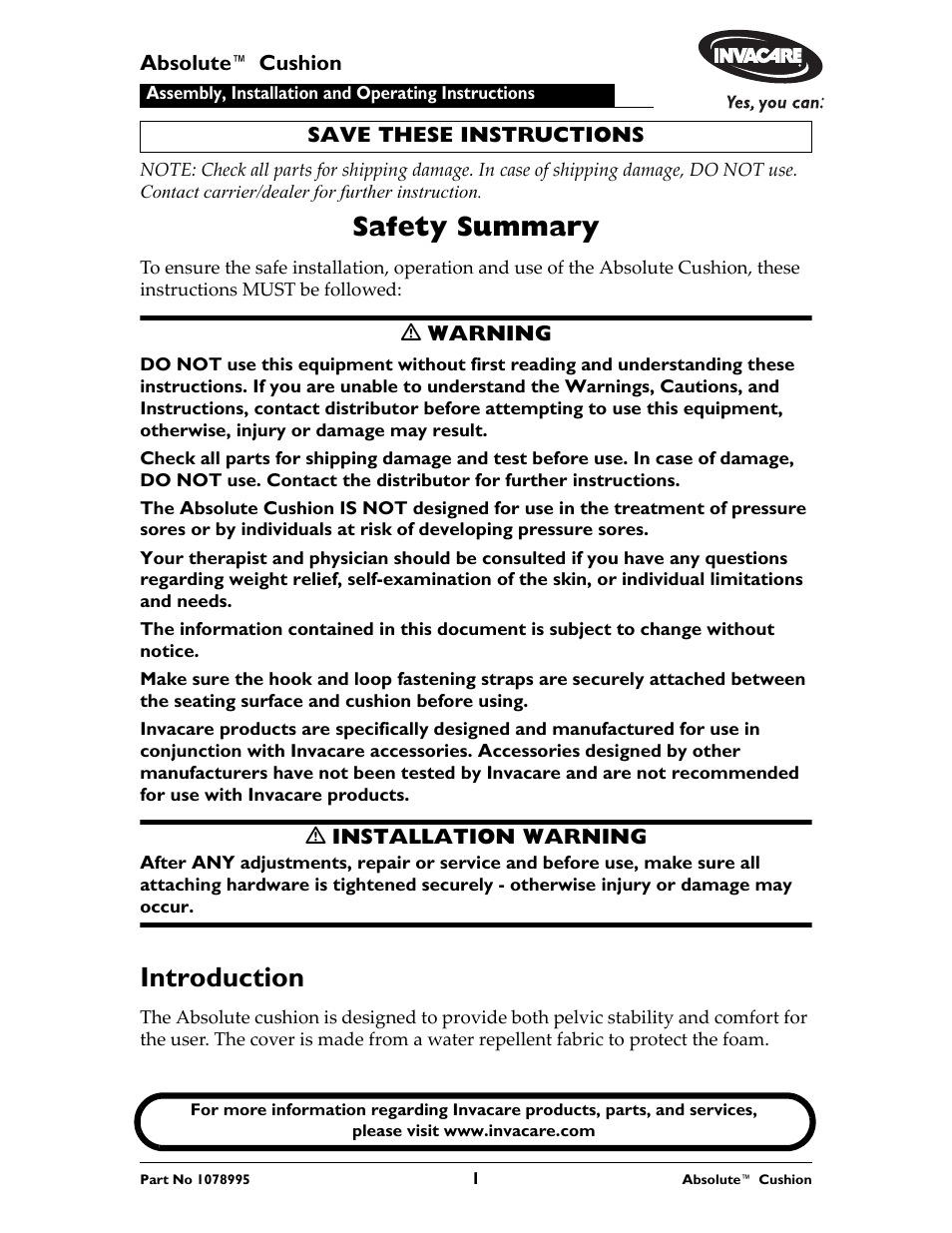 Invacare Absolute Cushion User Manual | 16 pages
