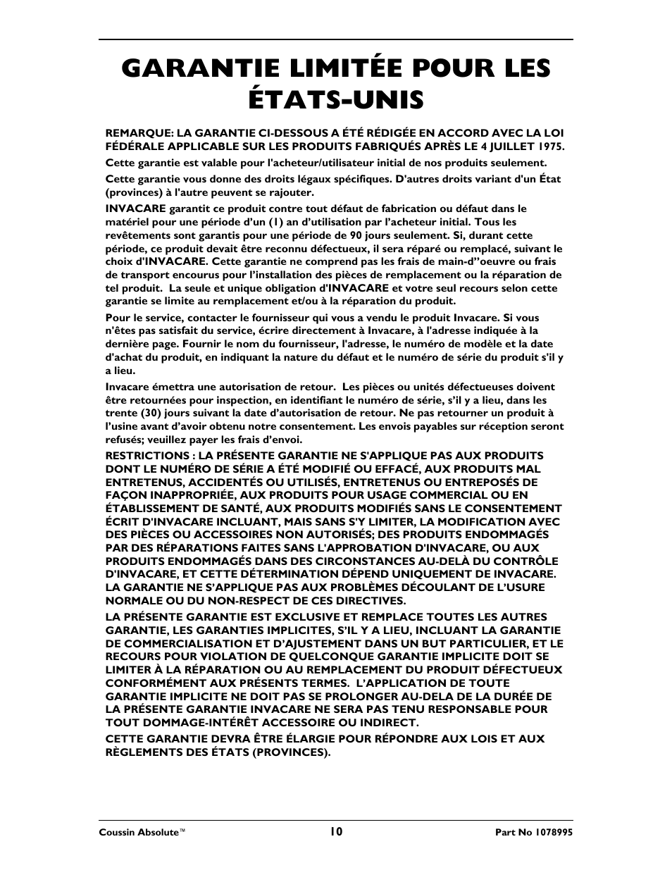 Garantie limitée pour les états-unis | Invacare Absolute Cushion User Manual | Page 10 / 16