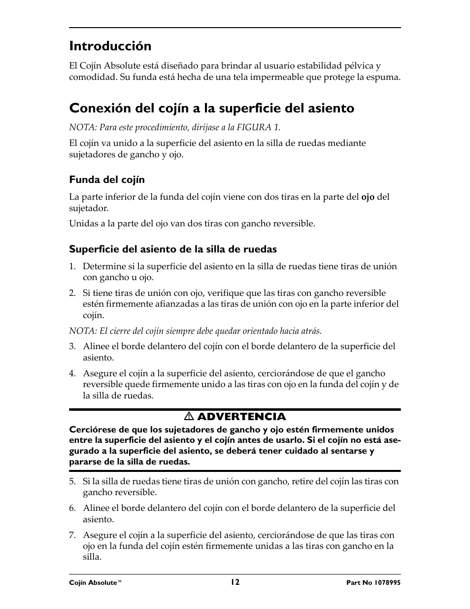 Introducción, Conexión del cojín a la superficie del asiento | Invacare Absolute Cushion User Manual | Page 12 / 16