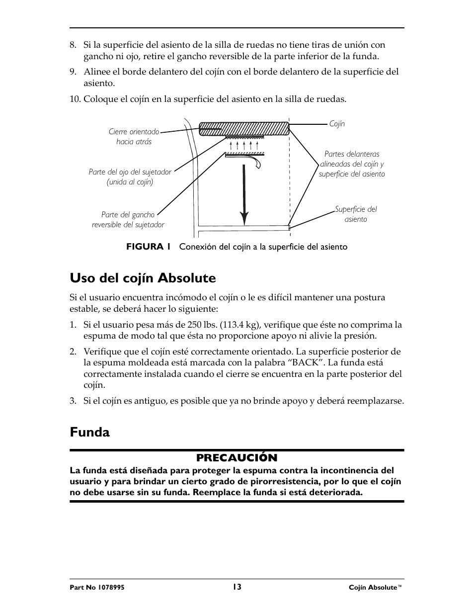 Uso del cojín absolute, Funda | Invacare Absolute Cushion User Manual | Page 13 / 16