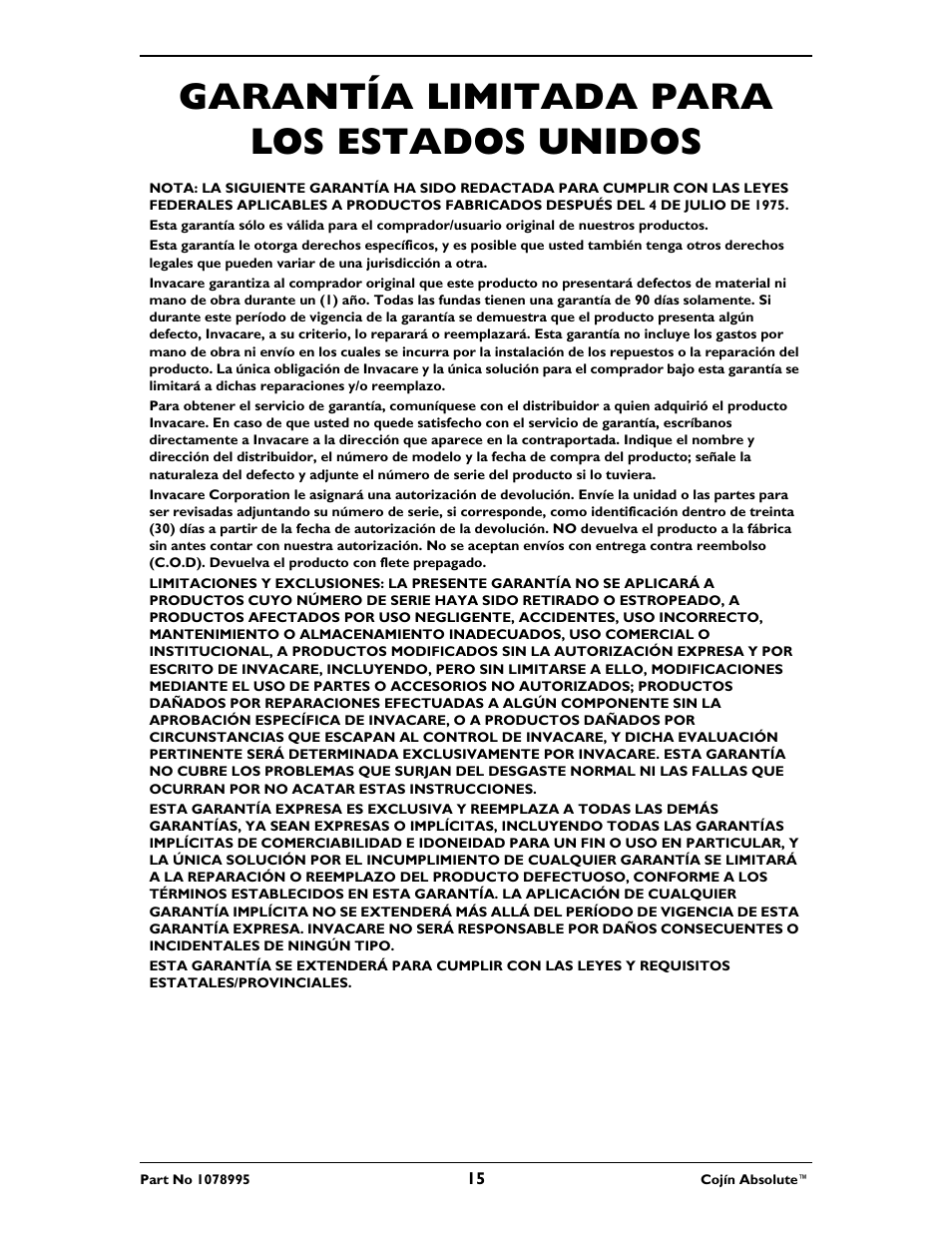 Garantía limitada para los estados unidos | Invacare Absolute Cushion User Manual | Page 15 / 16