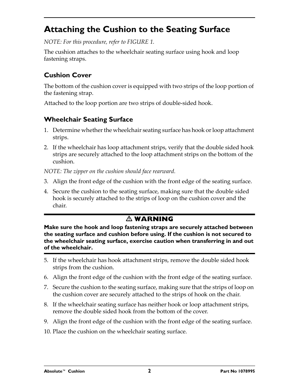 Attaching the cushion to the seating surface | Invacare Absolute Cushion User Manual | Page 2 / 16